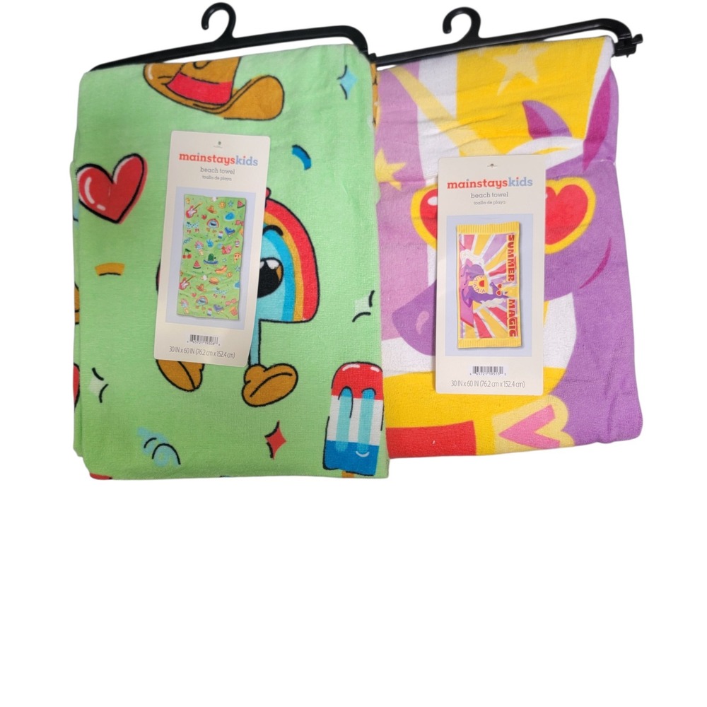 Mainstays Kids Beach Towel 2pk Kids OS Green Purple NEW Unicorn Rainbow Summer